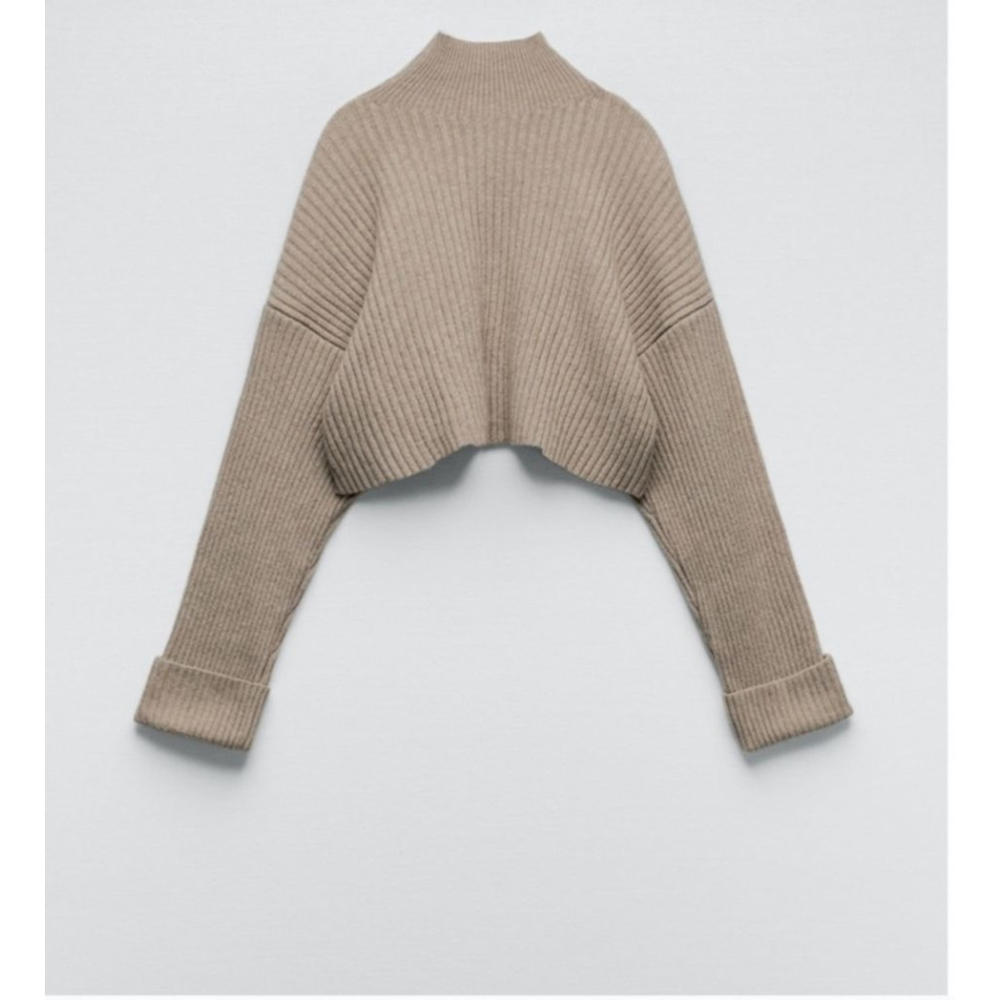 ZARA Ribbed Oversized Crop Length Cuffed Sleeved Mock Neck Sweater in Taupe - Picture 6 of 11